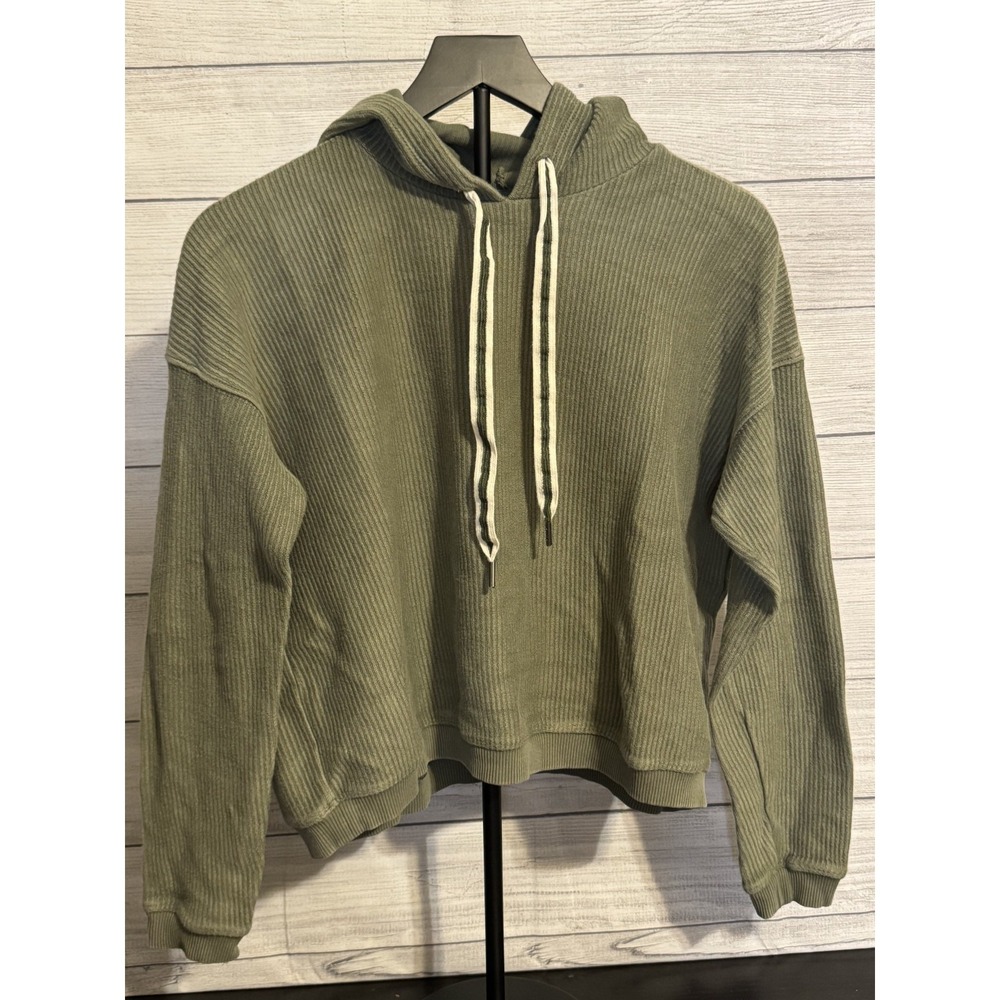 Aerie Women's Cropped Hoodie XS Green Ribbed Cotton Long Sleeve